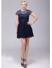 Cap Sleeves Navy Blue Lace Chiffon Flounced Prom Dress